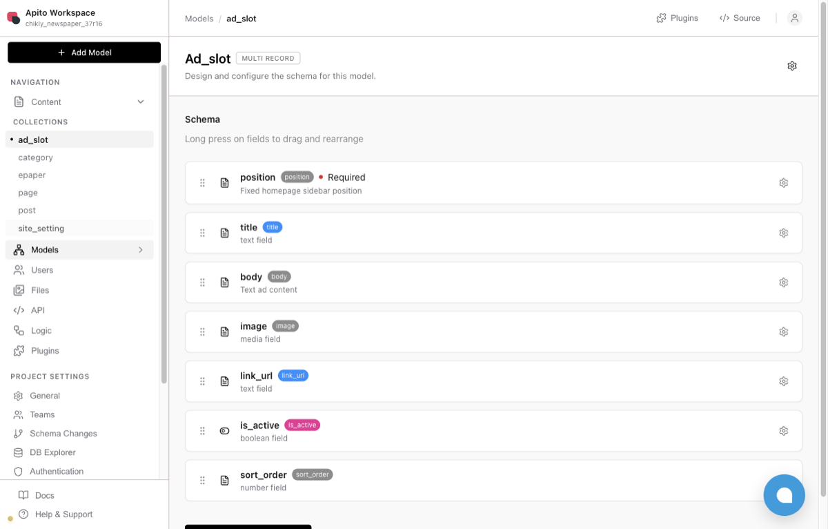 Chikly-style models in Console after sync — posts, categories, pages, ads