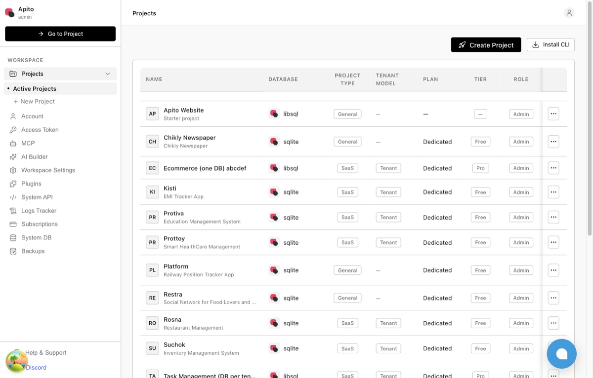 Projects list in Apito Console