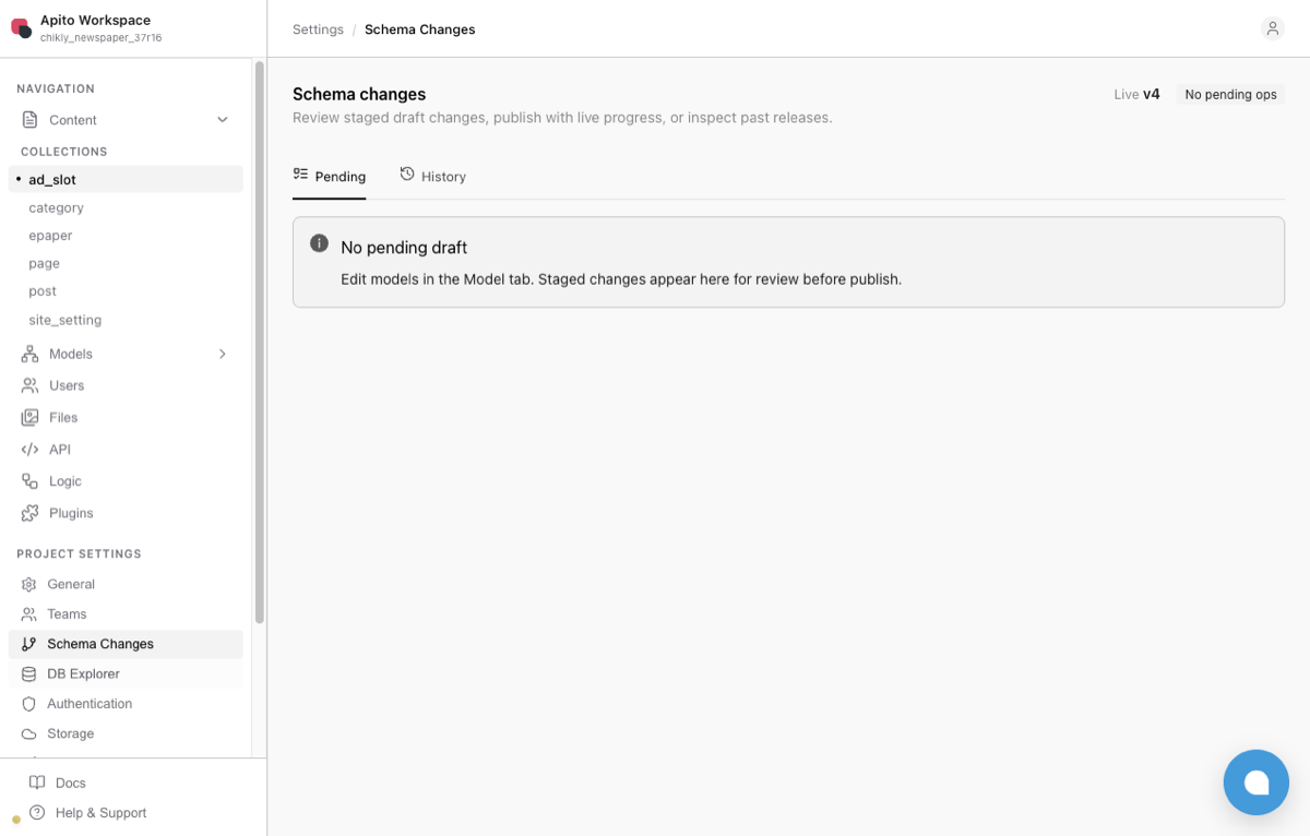 Schema Changes — pending drafts wait for a human publish