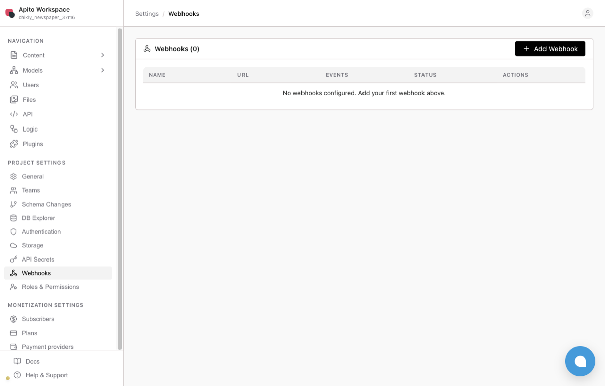 Webhooks settings in Apito Console