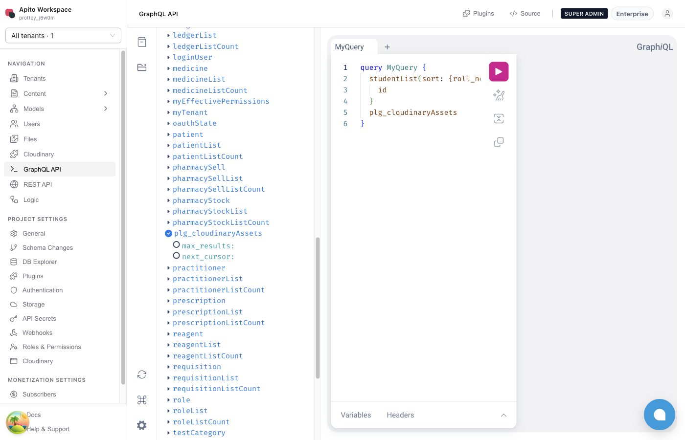 GraphQL explorer with plg_cloudinaryAssets selected